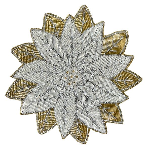 Max Studio Handmade Beaded POINSETTIA Placemat Charger 15in Glam Gold Ivory NEW - Picture 7 of 10